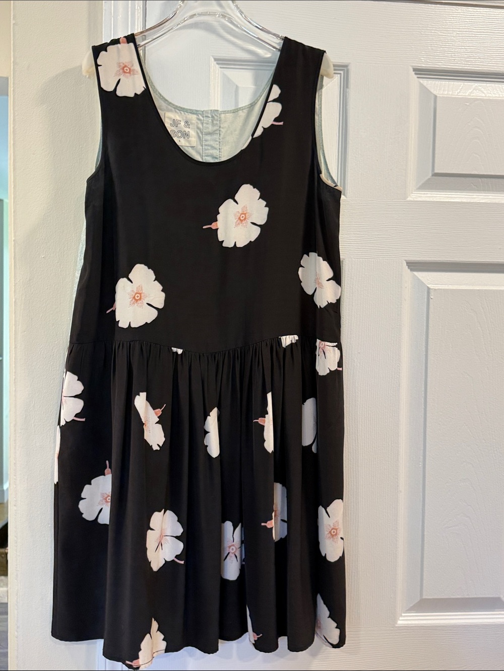 JF & SON Babydoll Silk Blend Floral Drop Waist Midi Dress Black White Floral 90s